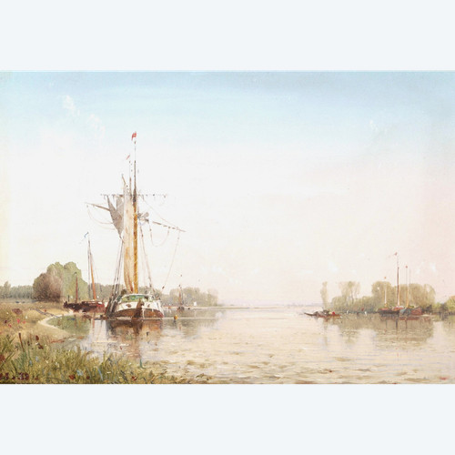 SCUOLA FRANCESE o OLANDESE 1860 circa, barche su un fiume