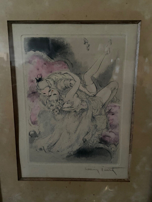 Lithografie von Louis Icart mit der Darstellung eines erotischen Paares XX.