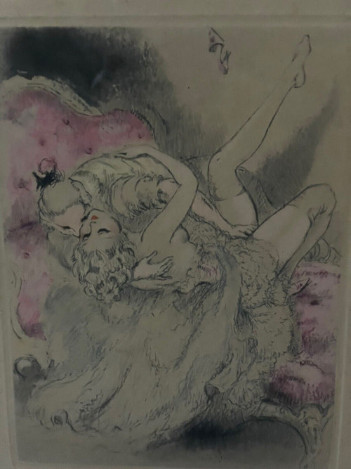 Lithografie von Louis Icart mit der Darstellung eines erotischen Paares XX.