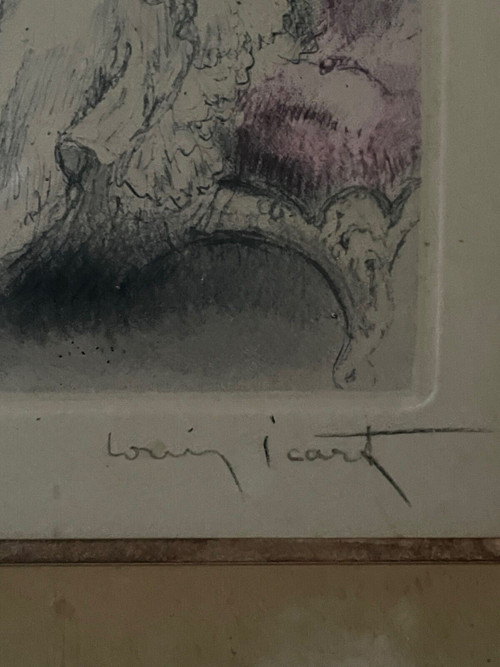 Lithografie von Louis Icart mit der Darstellung eines erotischen Paares XX.