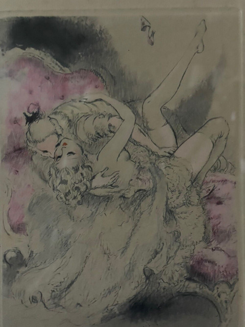 Lithografie von Louis Icart mit der Darstellung eines erotischen Paares XX.