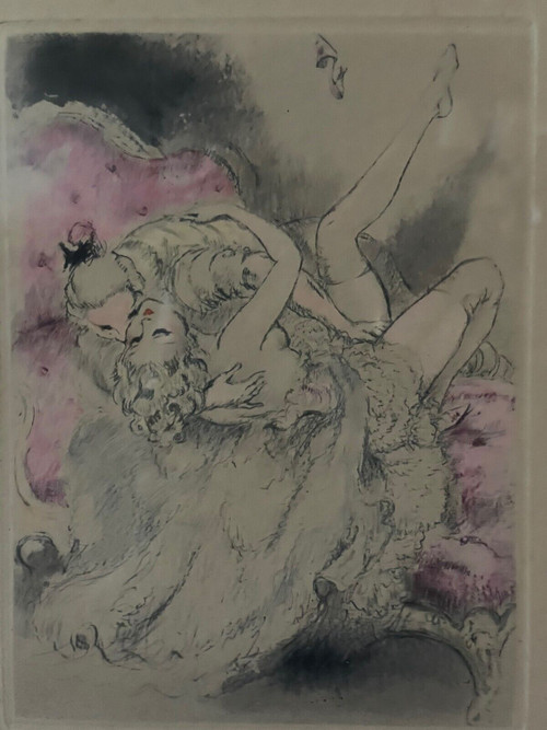 Lithografie von Louis Icart mit der Darstellung eines erotischen Paares XX.