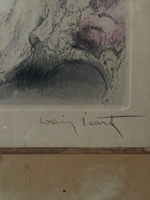 Lithografie von Louis Icart mit der Darstellung eines erotischen Paares XX.