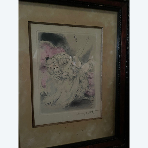 Lithografie von Louis Icart mit der Darstellung eines erotischen Paares XX.