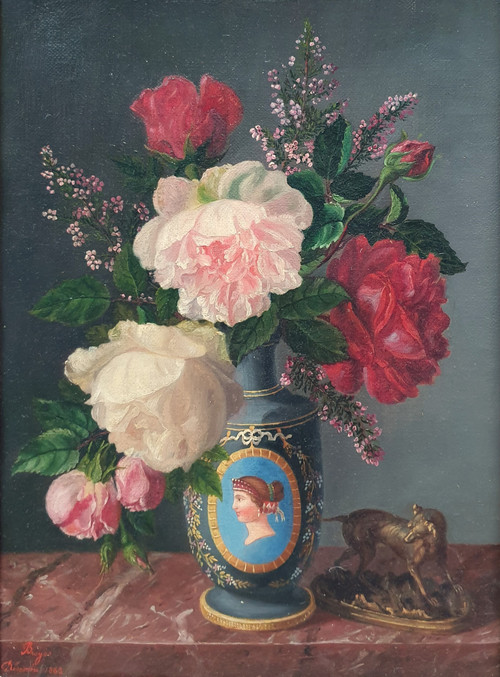 Marc BRUYAS - Bouquet of roses with a sculpture