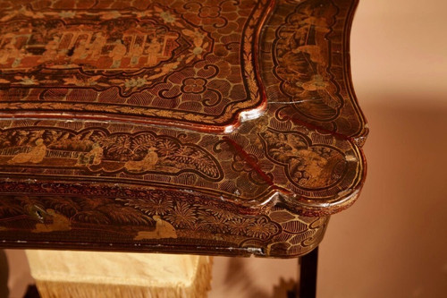 An original lacquered sewing/working table, still with the original Chinese gold paint.