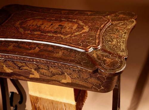 An original lacquered sewing/working table, still with the original Chinese gold paint.