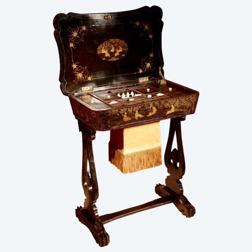An original lacquered sewing/working table, still with the original Chinese gold paint.