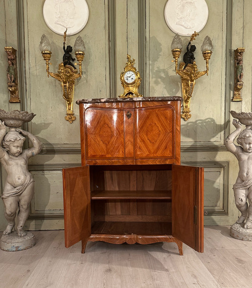 Scrivania intarsiata in stile transizione Luigi XV XIX secolo