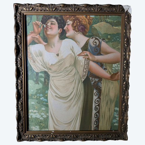 Lithograph on cardboard 2 women 1900 Art Nouveau