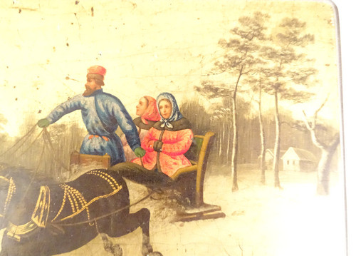 Boîte à Thé Russe Laquée Lukutin Cavaliers Attelage Troika Paysage XIXème