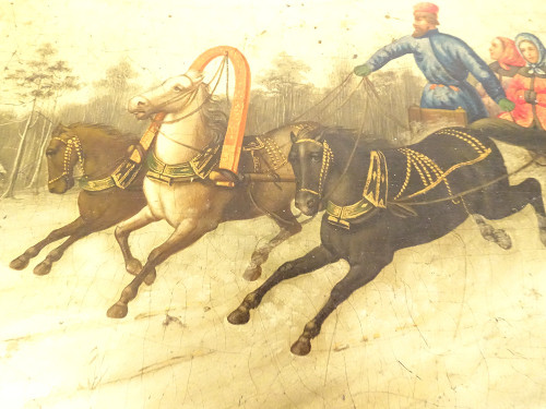 Boîte à Thé Russe Laquée Lukutin Cavaliers Attelage Troika Paysage XIXème