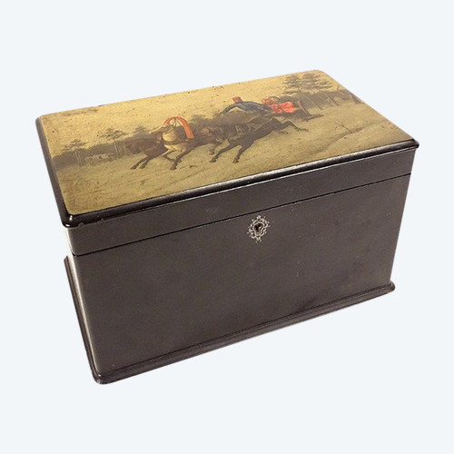 Boîte à Thé Russe Laquée Lukutin Cavaliers Attelage Troika Paysage XIXème