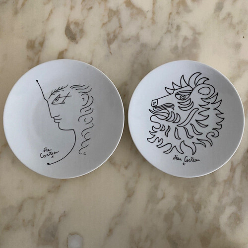 Suite of 6 plates with drawings by Jean Cocteau 20th century porcelain d'art