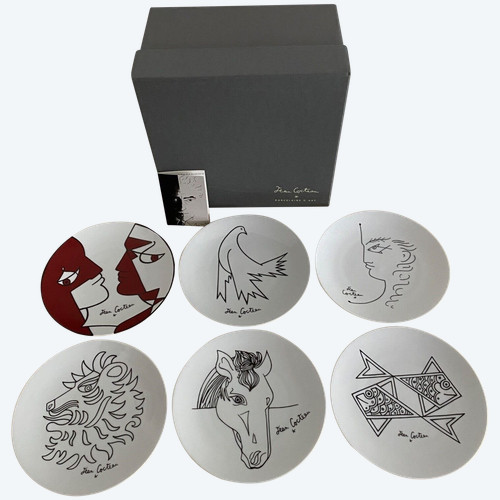 Suite of 6 plates with drawings by Jean Cocteau 20th century porcelain d'art