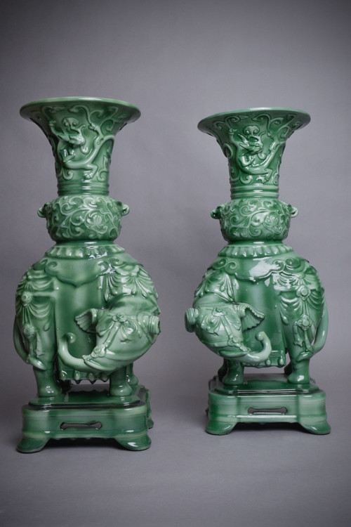 Théodore Deck, Pair of Elephants vases