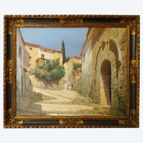Un coin du Vieux Hyères - Grande huile sur toile - Cadre ancien