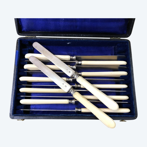 set of 12 solid silver MINERVE fruit knives with ivory handles 19th century
