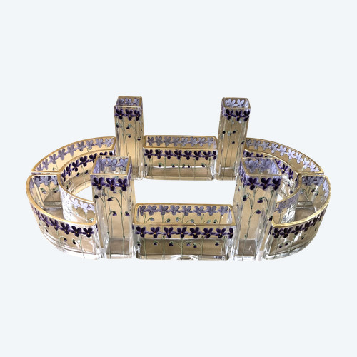 LEGRAS modular table center ART NOUVEAU in enamelled crystal Bouquetière Pique Fleurs Vases