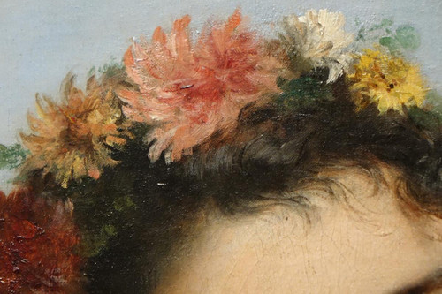 Junge Frau mit Chrysanthemen; Gemälde signiert SCHREIBER, 1893
