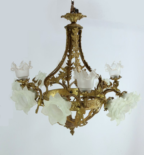 Lampadario a 12 luci in Bronzo Dorato stile Napoleone III - Fine XIX secolo