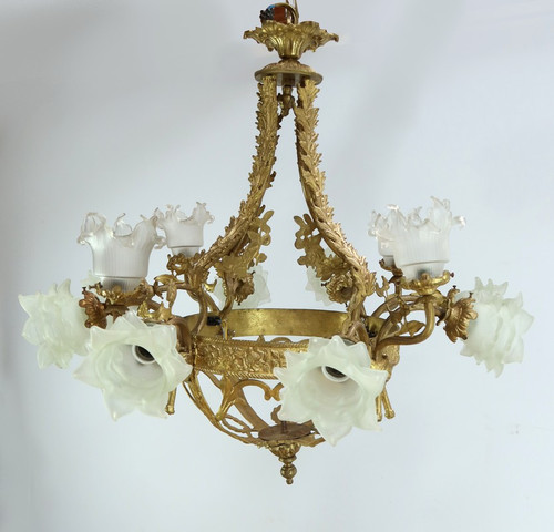 Lampadario a 12 luci in Bronzo Dorato stile Napoleone III - Fine XIX secolo