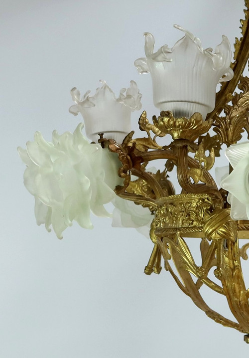 Lampadario a 12 luci in Bronzo Dorato stile Napoleone III - Fine XIX secolo