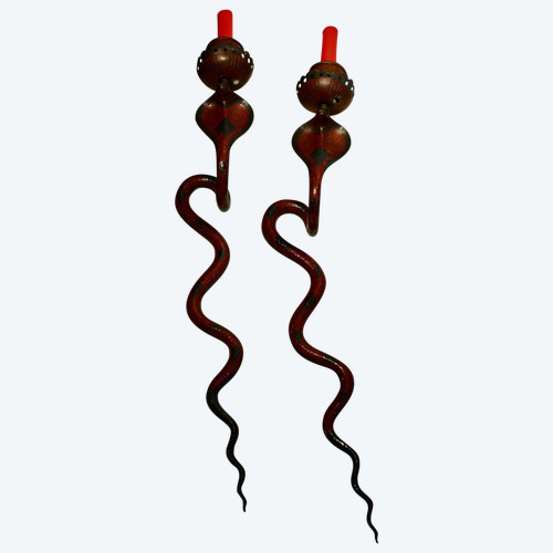Paire d'Appliques En Bronze Peint émaillé Représentant Des Cobras,angleterre,19e S.