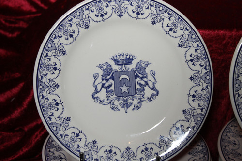 22 Gien earthenware dessert plates with Rouen coat of arms decor. 20th century Perfect condition