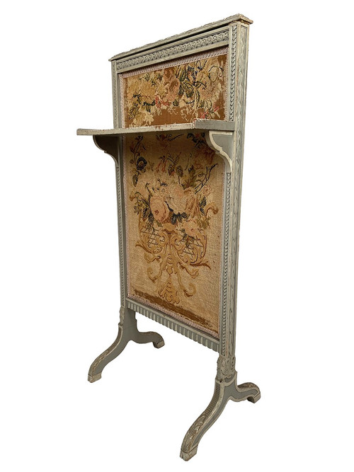 Ecran de cheminée en bois laqué gris de style Louis XVI, vers 1900