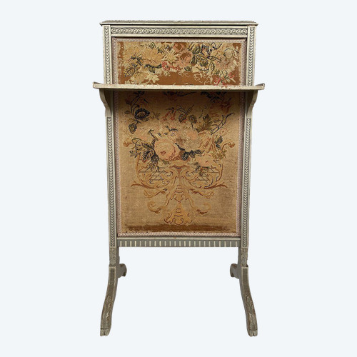 Ecran de cheminée en bois laqué gris de style Louis XVI, vers 1900
