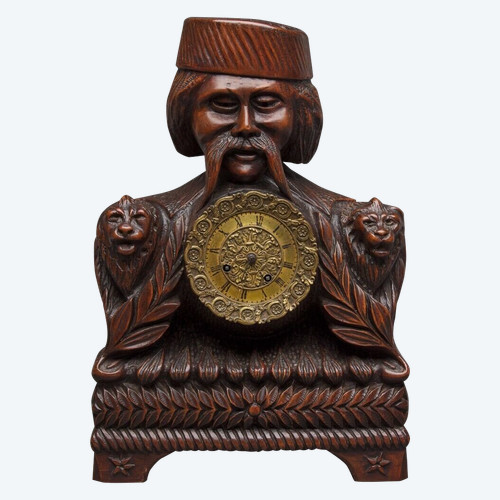 Richly ornamented carved wooden clock 19th century Chinese sage