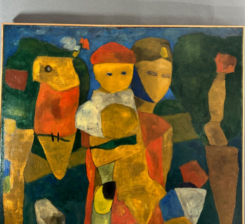 Oil on canvas by Jean Billecocq modern composition with characters