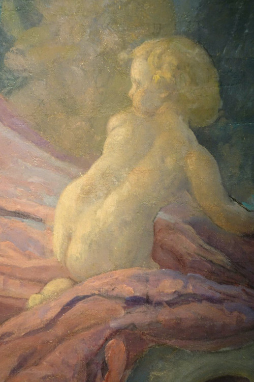 "Cupid's sleep", sehr großes Öl auf Leinwand , A.M. RAYNOLT, Um 1925-1930