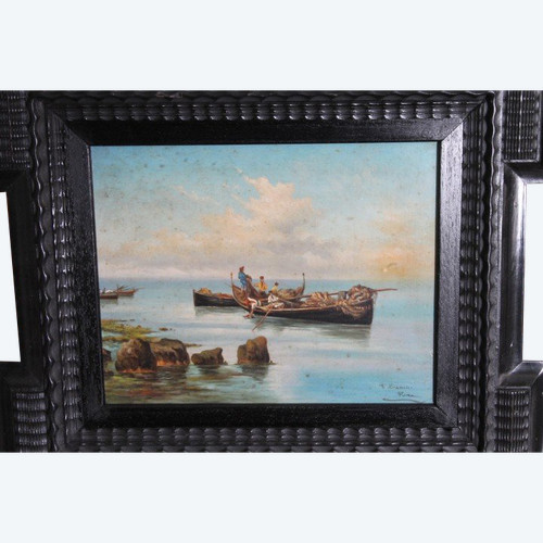 Tableau ancien du début des années 1900, huile sur panneau marin "Pêcheurs" de P. Barucci, Rome. Taille 58x52 