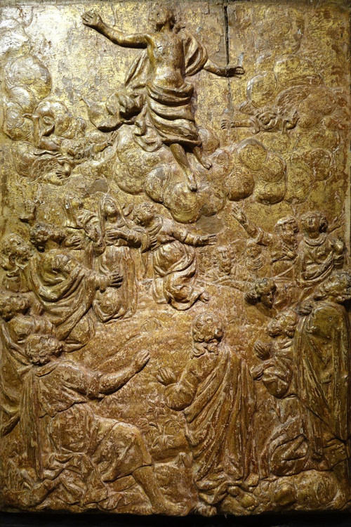 Die Himmelfahrt Christi, Flachrelief aus goldenem Holz, 17. Jh. Flandern?