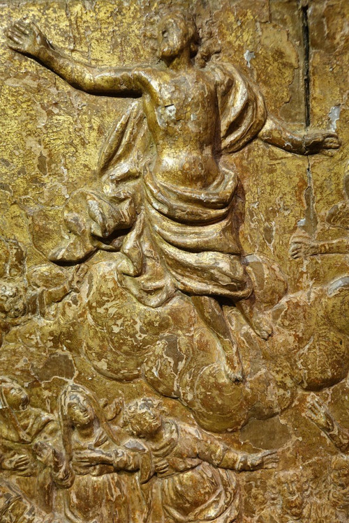 Die Himmelfahrt Christi, Flachrelief aus goldenem Holz, 17. Jh. Flandern?