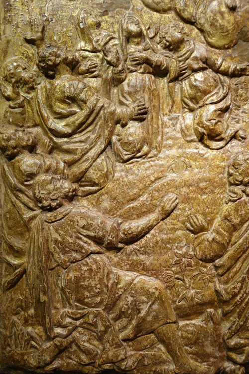 Die Himmelfahrt Christi, Flachrelief aus goldenem Holz, 17. Jh. Flandern?