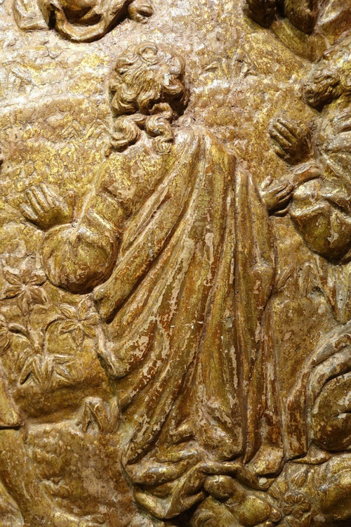 Die Himmelfahrt Christi, Flachrelief aus goldenem Holz, 17. Jh. Flandern?