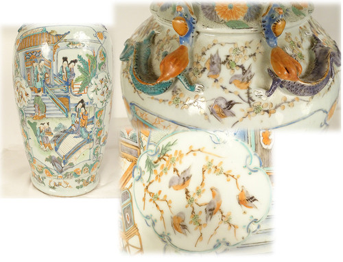 Paire grands vases porcelaine Chine famille verte scène palais dragons XIXè