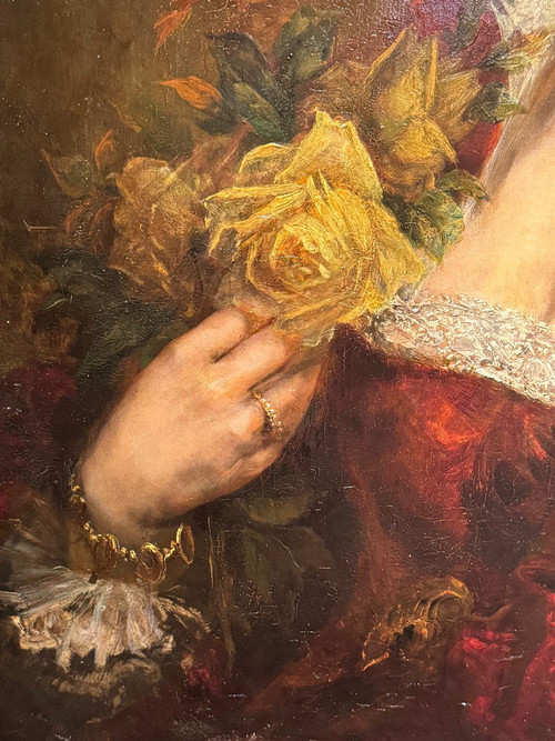 Portrait d'une jeune femme tenant un bouquet de roses. A.BRASCH 1901