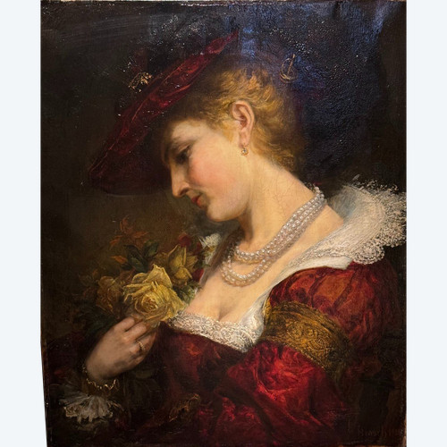 Portrait d'une jeune femme tenant un bouquet de roses. A.BRASCH 1901
