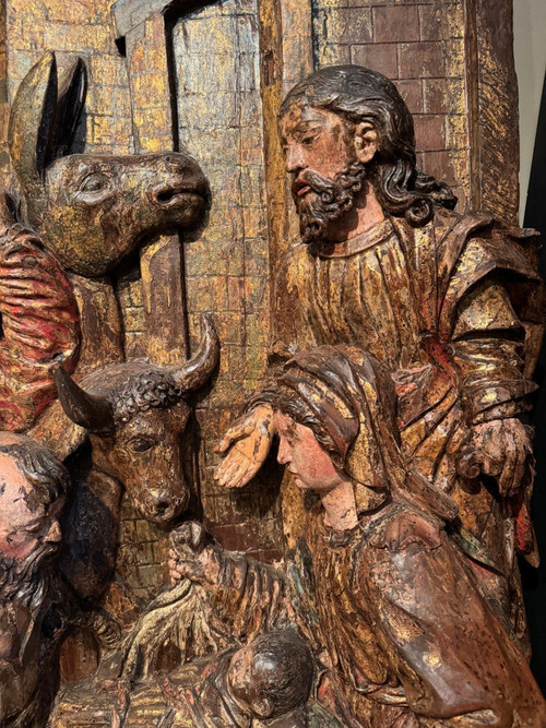 Large high relief in gilded and polychromed wood, the Adoration of the Shepherds, circa 1500