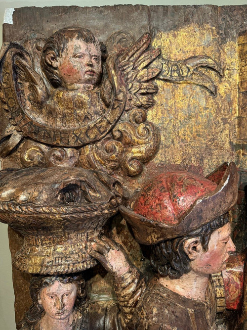 Large high relief in gilded and polychromed wood, the Adoration of the Shepherds, circa 1500