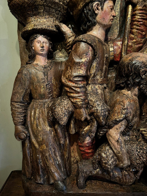 Large high relief in gilded and polychromed wood, the Adoration of the Shepherds, circa 1500