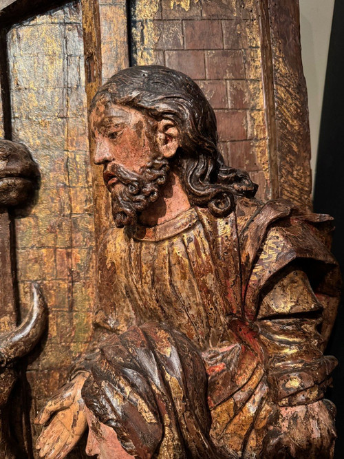 Large high relief in gilded and polychromed wood, the Adoration of the Shepherds, circa 1500