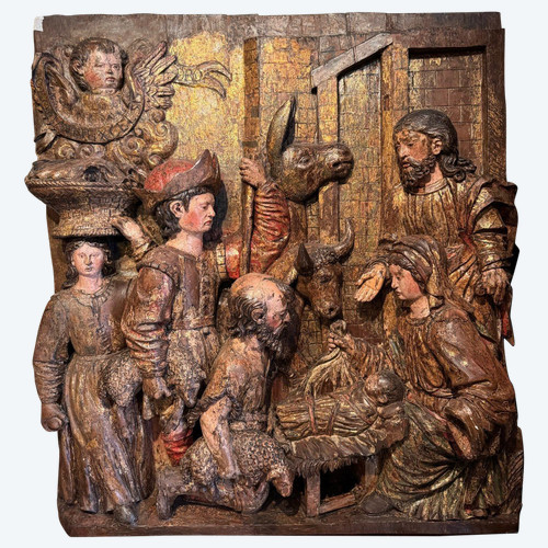 Large high relief in gilded and polychromed wood, the Adoration of the Shepherds, circa 1500