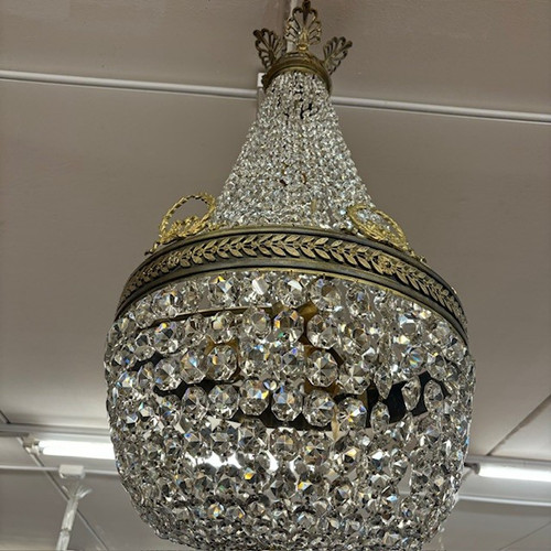 Antiker großer Heißluftballon-Kronleuchter aus dem späten 19. Jahrhundert aus Bronze und Kristallen, 4 Lichter. H 90 