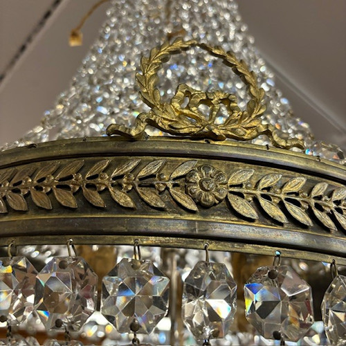 Antiker großer Heißluftballon-Kronleuchter aus dem späten 19. Jahrhundert aus Bronze und Kristallen, 4 Lichter. H 90 