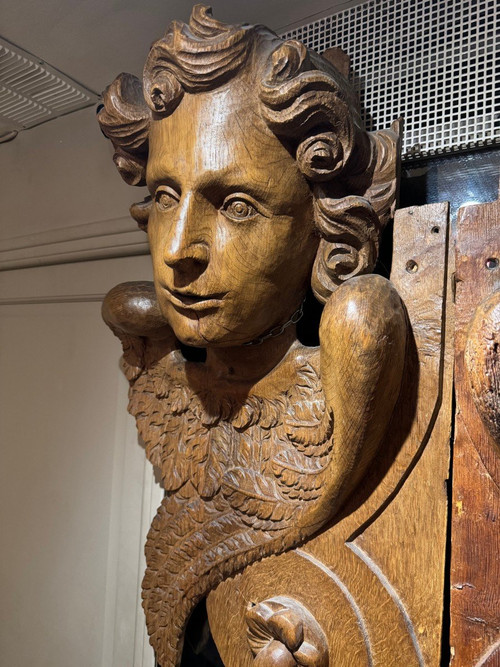 Très grands éléments de boiserie, anges ailés, Flandres,17e S.